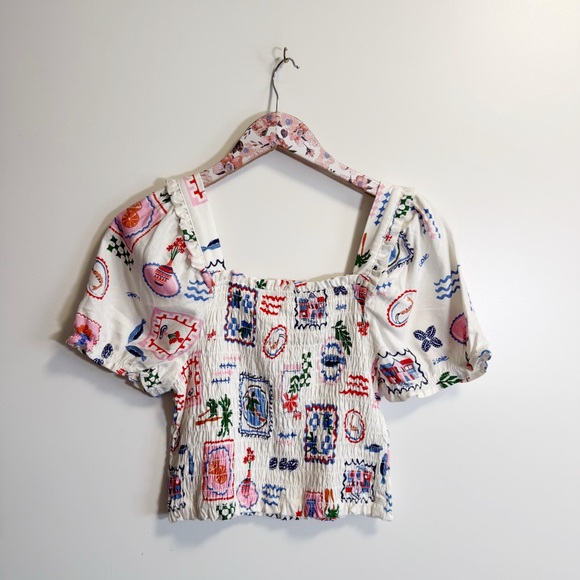 NEW MONTEAU Los Angeles Tropical Linen Blend Smocked Top Sqaure Neck Medium - Picture 6 of 6